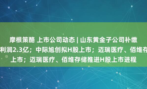 摩根策酪 上市公司动态 | 山东黄金子公司补缴税款预计影响归母净利润2.3亿;中际旭创拟H股上市;迈瑞医疗、佰维存储推进H股上市进程
